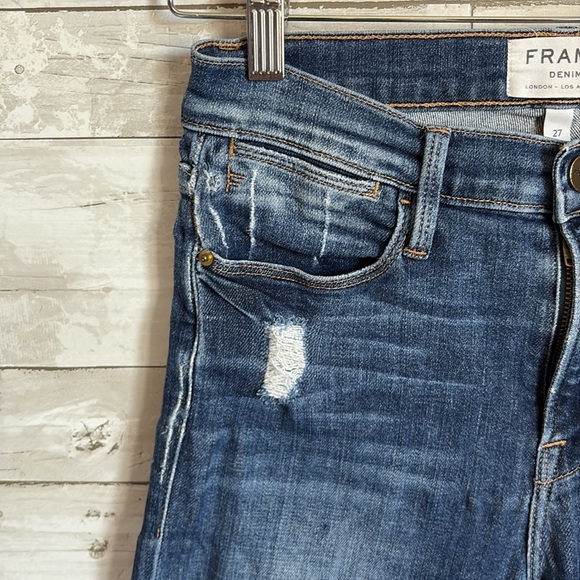 FRAME DENIM Distressed Dark Wash High Rise Straight Jean - Picture 3 of 13